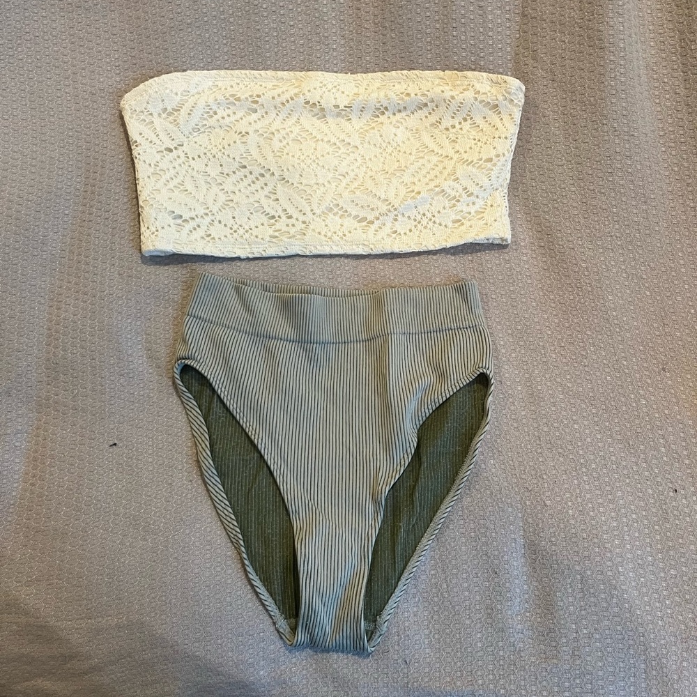 Aerie swimsuit - white lace bandeau and high waisted cheeky green stripe bottoms